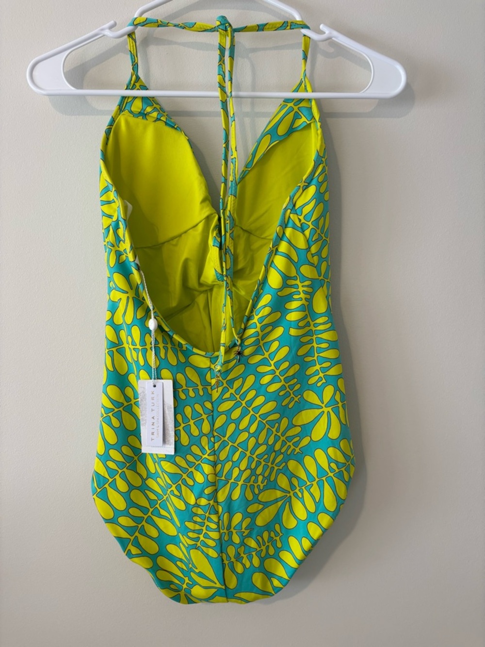 Trina Turk Teal and Lime Yellow Leaf-Print One-Piece Retro Swimsuit Size 10 - Picture 6 of 11